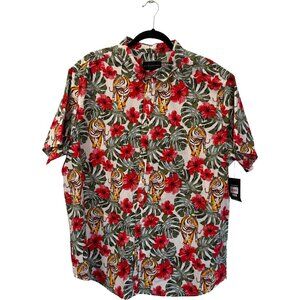 No Boundaries Men's Hawaiian Shirt Tiger Hibiscus Floral Print NWT 2XL